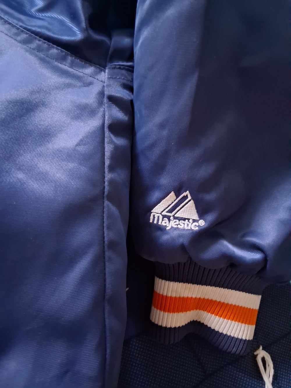 Majestic Navy Blue Bomber Jacket with Orange & White Stripe Cuffs
